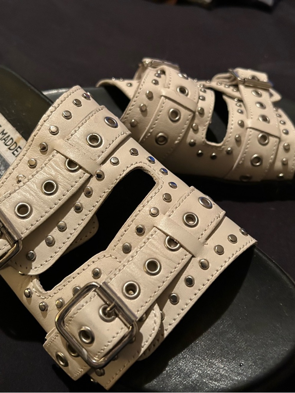 Steve Madden Beige Studded Double Buckle Slide Sandals - Picture 2 of 6